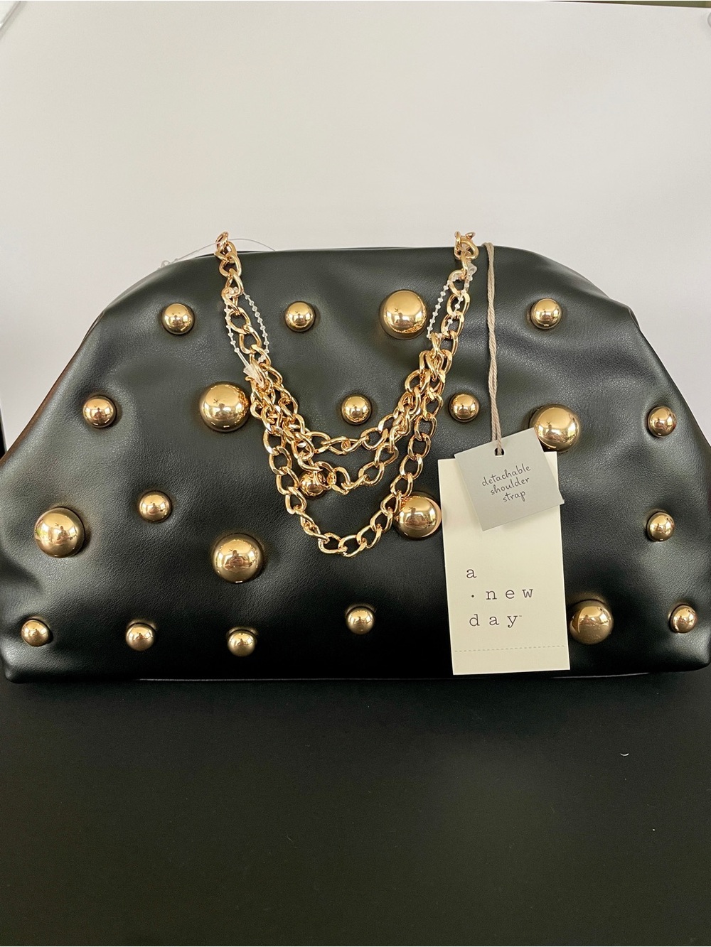 a new day Black Clutch with Gold Studs and Chain